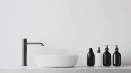 Minimalist bathroom interior with modern black faucet and skincare bottles on white counter. Clean aesthetic and luxury lifestyle concept with copy space
