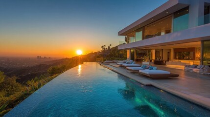 Fototapeta premium This luxury villa features a modern design with large windows an infinity pool and panoramic views of the sunset over the city. A serene retreat amidst nature.