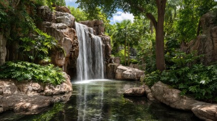 Obraz premium A stunning waterfall flows gracefully into a clear pool enveloped by vibrant tropical plants and rocks. Sunlight filters through the lush canopy creating a peaceful scene.