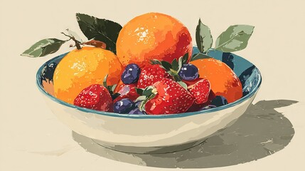   A painting of oranges, strawberries, and blueberries in a blue and white bowl against a beige background