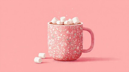   A cup of marshmallows atop a pink table, beside a mound of them