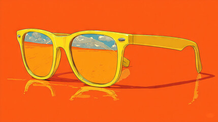   An image of a sun on top of an orange surface reflected through yellow sunglasses