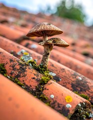 Two mushrooms growing atop an orange, weathered tiled roof