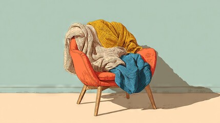   A chair with a blanket on top and another chair with a blanket in front of a blue wall