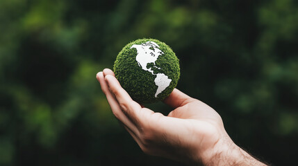 Hand holding green moss globe with white continents. Environmental sustainability and eco-friendly concept symbolizing Earth protection and climate awareness