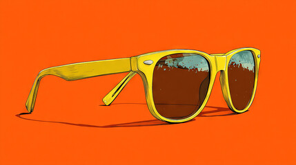   A pair of yellow sunglasses sits on top of an orange background with a sun reflection on the lens