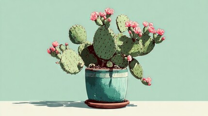   A cactus with pink flowers, placed against a light green background and featuring a hand shadow
