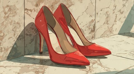   A beige stone wall stands beside a pair of red high heels resting on a tiled floor