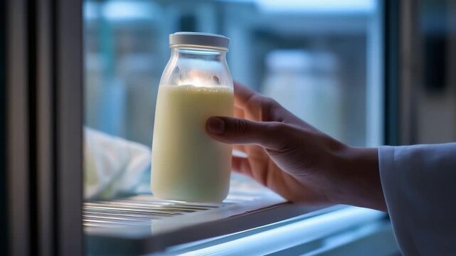 Hand taking a fresh bottle of milk from the refrigerator. Close-up of a cold dairy drink for a healthy lifestyle. Horisontal video cinemagraph