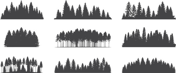 Nine Black Silhouettes of Dense Pine Forests Against a White Background trees nature