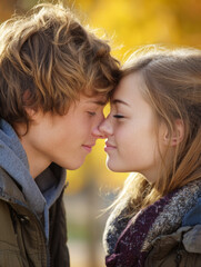 Fototapeta premium Tender Autumn Moment: Close-up of Young Couple in Love Gently Touching Foreheads and Noses with Eyes Closed Outdoors, Backlit by Golden Fall Foliage and Sunlight