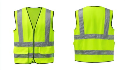 Commercial high-resolution photo of front and back view of a neon yellow safety vest isolated on white background.