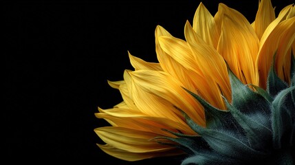   A clear close-up of a sunflower against a dark background, with the flower's center in sharp focus