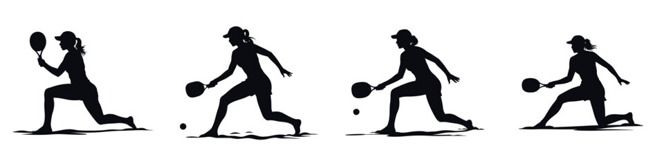 Silhouette of Woman Playing Pickleball – Female Athlete with Paddle and Ball in Action Pose – Black Silhouette Isolated on White Background for Sport, Fitness and Outdoor Game Design