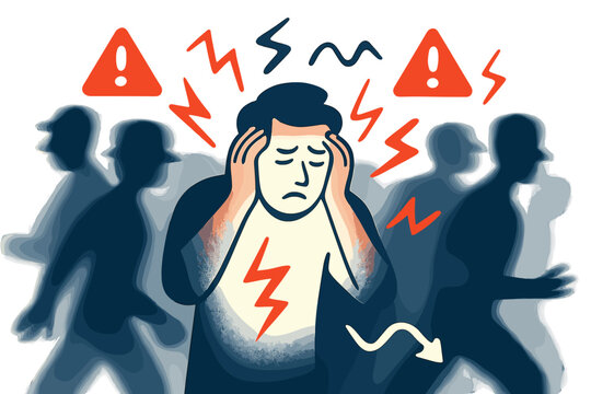 Glowing Amidst Chaos. Crowd anxiety. A central glowing figure surrounded by blurred silhouettes, abstract floating zigzag lines and warning icons emphasizing