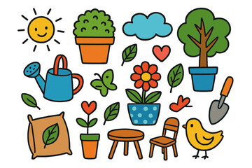 Colorful Garden Doodles. Container Gardening. Colorful Hand-drawn doodle Children illustration flower pot, shrub, potted tree, watering can, trowel, bag of