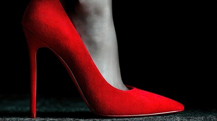   A photo of a woman's red high heels on a dark floor, set against a black backdrop
