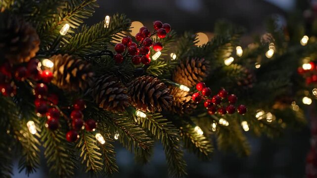 Festive Christmas garland with glowing lights at night. A close-up of pinecones and red berries on a fir branch. Cozy holiday season decoration