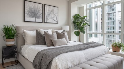 Fototapeta premium A cozy bedroom featuring a large bed with decorative pillows a soft gray blanket plants near a window and modern artwork on the wall. The space is bright and inviting.