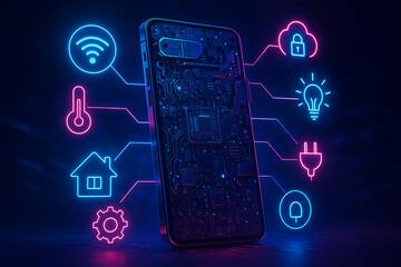 Futuristic smartphone with neon smart home icons for cloud security electricity temperature and internet connecting devices in technology