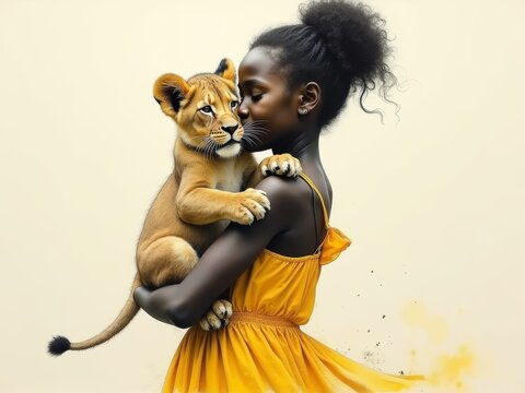 A girl and her pet lion cub