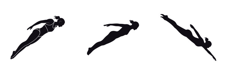Silhouette of Female Diver Jumping into Water – Woman Athlete Performing Dive, Swimming Sports, Grace, Strength, Fluid Motion, Fitness and Balance Vector Illustration