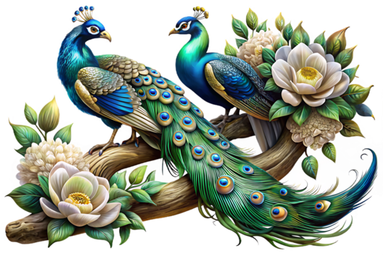Two peacocks on a branch with flowers isolated on transparent background
