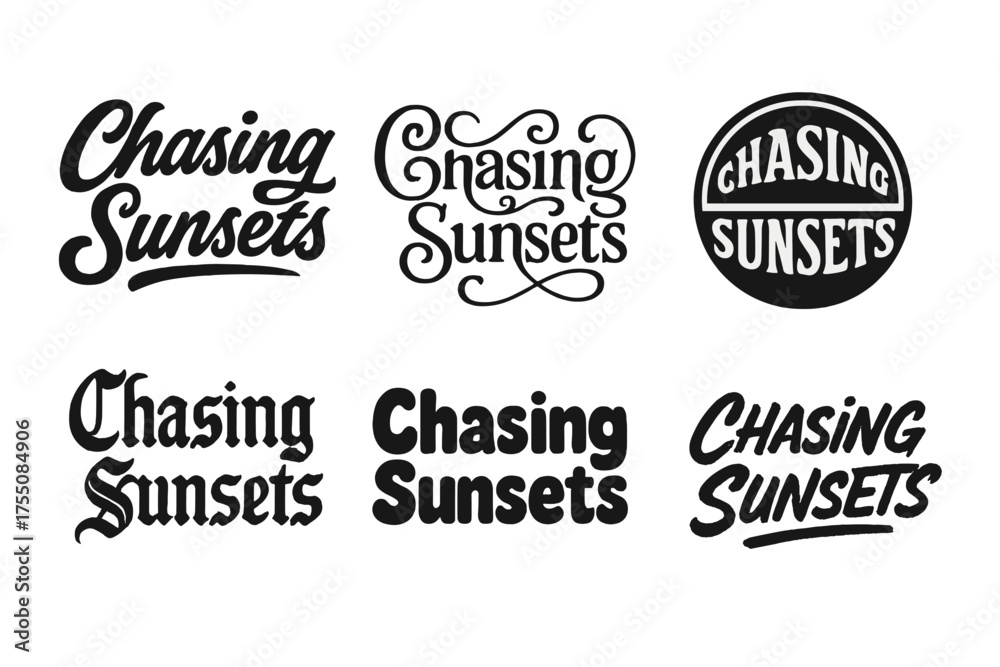 Wall mural harmonious lettering variations. chasing sunsets. set lettering. harmonious lettering variations of 