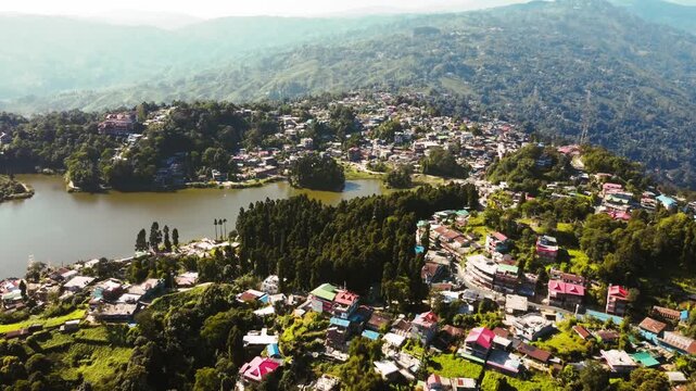 Aerial View of Mirik Town Featuring Sumendu Lake, Mirik Park and Surrounding Himalayan Landscape in West Bengal, India