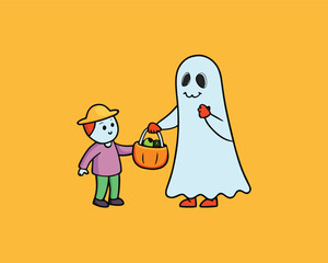 Ghost Handing Candy To Child Halloween Art | Friendly Ghost Sharing Sweets Illustration