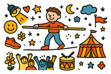 Circus Tightrope Walk. Performance. Colorful Hand-drawn doodle Children illustration tightrope walker, balancing pole, spotlight, circus tent, star, heart,