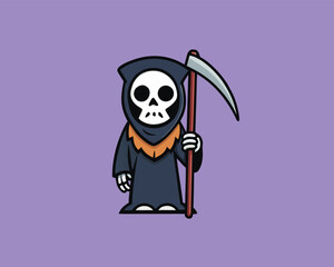 Grim Reaper With Scythe Cartoon Style Vector | Skeleton Reaper Holding Scythe Illustration