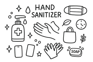 Hand Sanitizer Essentials. Hand sanitizer. Hand-drawn doodle illustration hand sanitizer bottle, pump, droplet, hand, bubbles, star sparkle, leaf, mask, clock,