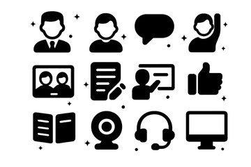 Teacher-Student Icons Grid. Teacher & Student Interaction. Solid icons set of Teacher & Student Interaction: teacher icon, student icon, chat bubble, hand
