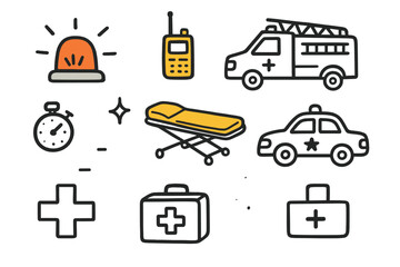 Emergency Vehicles Doodle. Emergency Response. Hand-drawn doodle illustration siren (colored), ambulance, firetruck (colored), police car, radio (colored),