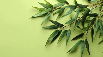   Branch of a tree with green leaves on a light green background Space for text or image