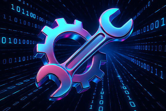 Cyber technology innovation with glowing wrench and gear icon showing system repair coding development and digital engineering concept