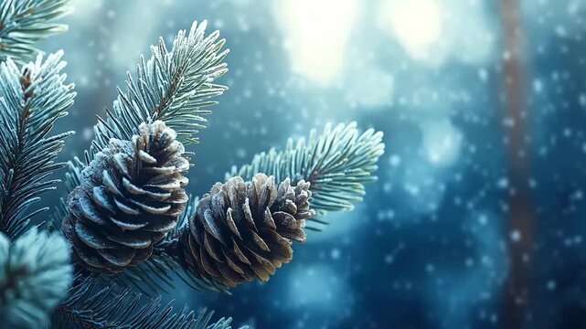 3D soft-focus background with pinecones and pine branches covered in snow, creating a serene, festive atmosphere perfect for Christmas, winter holidays, and seasonal visuals.