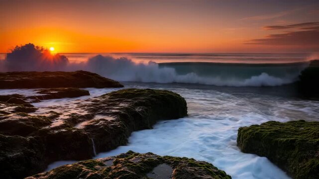 Ocean waves crashing over mossy rocks at sunset with vibrant orange sky