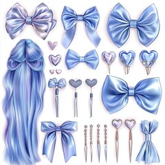 Hairribbonsflatlay An arrangement of pastel satin hair ribbons tied in bows, surrounded by tiny heart-shaped pins and sequins. isolated on white background Ultra HD
