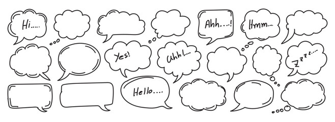 Obraz premium Collection of hand drawn doodle speech bubbles and thought clouds with various handwritten words and phrases