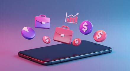 Vibrant Mobile Phone With Floating Business Icons And Financial Elements For Digital Finance Concepts