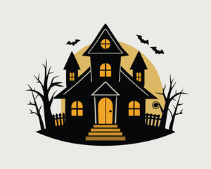Spooky House Silhouette With Trees Halloween Night | Haunted Forest Mansion Illustration