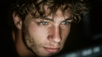Focused young man with curly hair close up