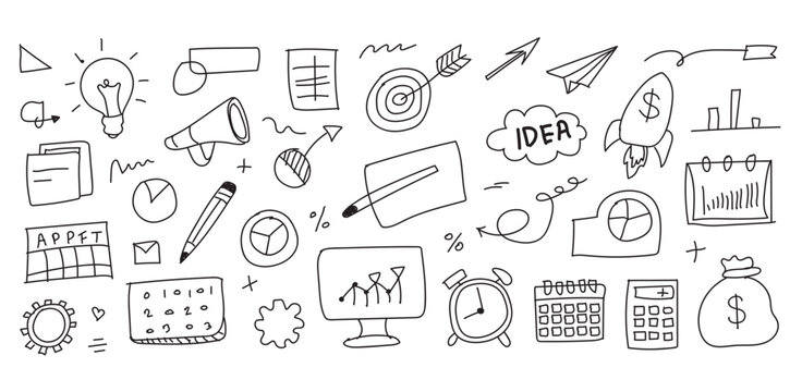 Hand drawn sketch of business startup concepts and ideas including lightbulbs rockets targets and brainstorming elements