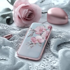 Heartsunglassespair A pair of heart-shaped sunglasses placed on a lace scarf beside lipstick and floral phone case. isolated on white background Ultra HD, Very Realistic