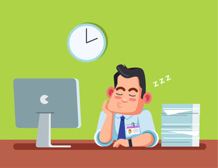Office worker asleep. Green background. Vector graphics for infographics or web use.