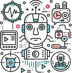 Funny cartoon robot and character icon set for technology and social media design