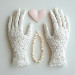 Blushingbridevibes A bridal flatlay with white lace gloves, veil, and pearls, styled with soft lighting, blush tones, and love notes. isolated on white background Ultra HD