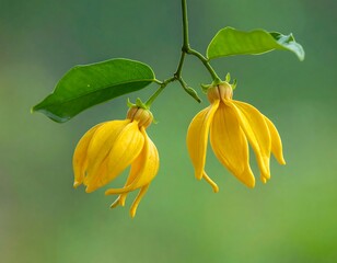 Two yellow flowers with long petals and green leaves against a bokeh background